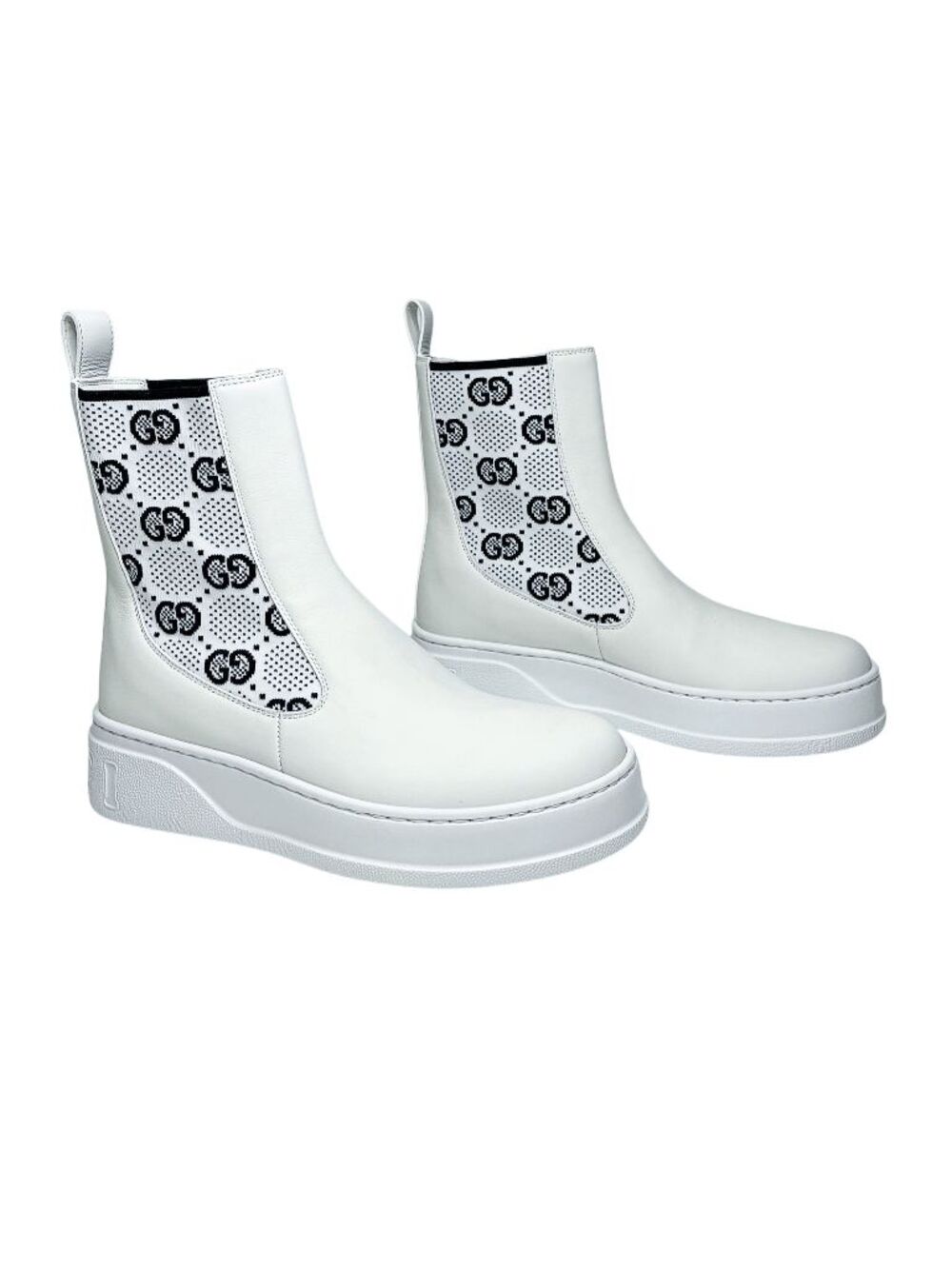 Gucci Dali GG Monogram Chelsea Boots White Calfskin Knit EU 37 Authentic Pull On